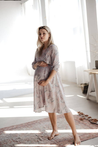 Sukienka ciążowa i do karmienia Lovely Dress Midi rękaw 3/4 Milk&Love gołębi szary w kwiaty