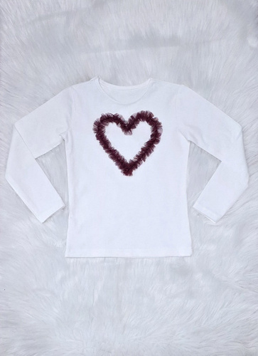 Bambarillo Mia ecru bordowe serce– bluzka dziewczęca z tiulowym sercem, bawełniana
