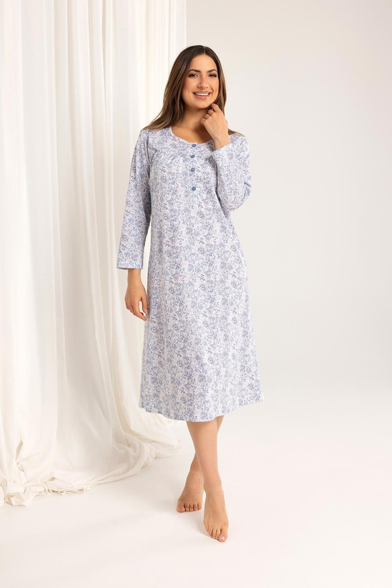 Regina 017  niebieska– bawełniana koszula nocna damska z długim rękawem