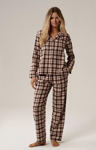 Piżama damska Atlantic NLP-505 brązowy– flanela, rozpinana, w kratkę, długi rękaw, 100% bawełna