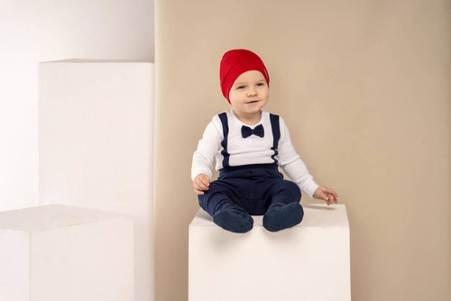 Komplet czapka, apaszka, body i spodnie 163023 "Magia Świąt" Nicol - granatowy