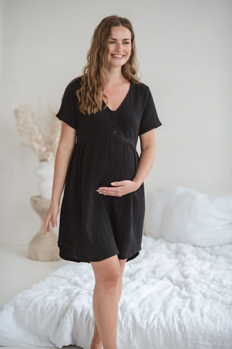 Koszula nocna ciążowa i do karmienia muślinowa Aurora Milk&Love czarny 