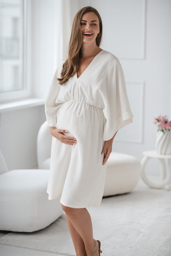 Sukienka do karmienia i na ciążę Mama Zen – elegancka, kimono, dekolt V Milk&Love śmietankowy 