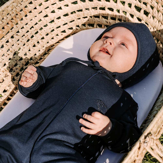 Merino Eevi – pajacyk niemowlęcy z wełny merynosów, granatowy, zamek dwustronny