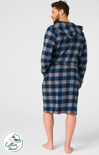 Key MGL 431 szlafrok męski jeans  – kratka, miękka dzianina soft, kołnierz