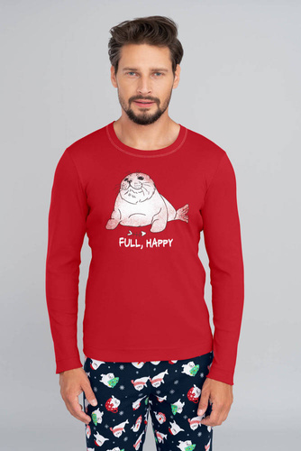 Piżama Męska długi rękaw, długie spodnie Elder Italian Fashion - czerwony/druk granatowy 