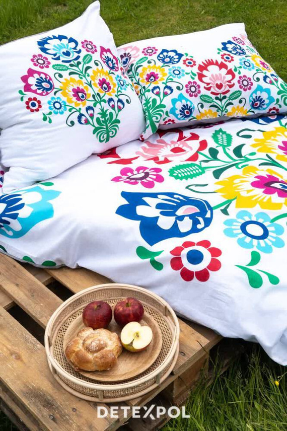 Pościel bawełniana Łowicka wycinanka 3612 A kwiaty kurpiowska Detexpol biały/szary