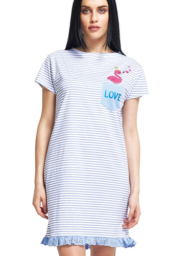 Koszula nocna damska Oxksana niebieska – bawełniana, z haftem i falbanką