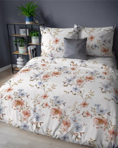 5635 A Detexpol Pastel Flowers biała w kwiaty morelowe i niebieskie pościel flanelowa bawełniana, miękka i przytulna