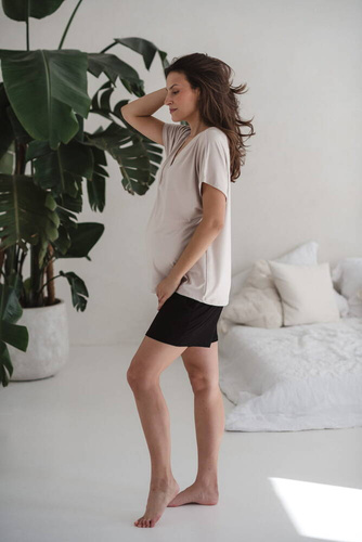 Bambusowa bluzka od piżamy ciążowej do karmienia krótki rękaw Moon Milk&Love jasny beżowy