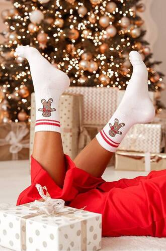 1283-026 Duży Ciastek z paskami Świąteczne Skarpety damskie Milena - biały