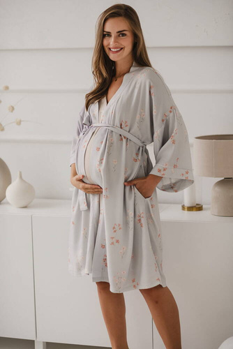 Szlafrok ciążowy bambusowy  Flowers on Blue Milk&Love niebieski 