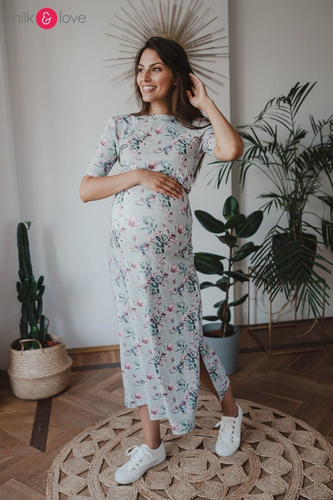 Two Ways LONG Sukienka do karmienia ciążowa krótki rękaw Milk&Love miętowa w magnolie i ptaki