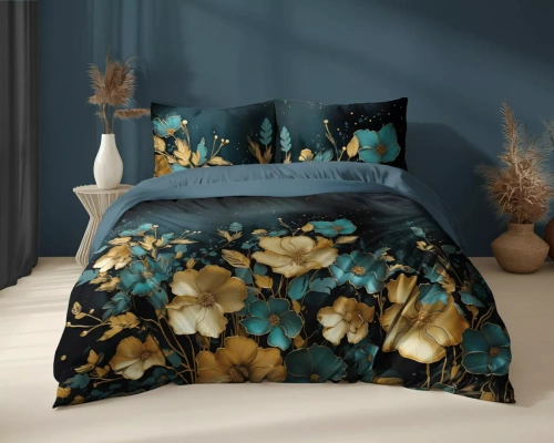 Detexpol Holland 5118 A pościel bawełniana ciemna w kwiaty złoto-turkusowe– dwustronna, naturalna, 100% bawełna