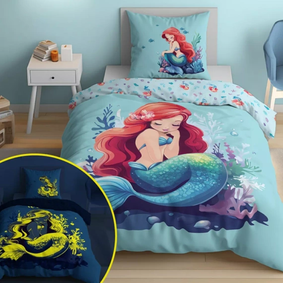 Pościel świecąca w ciemności 140x200 syrenka 5549 A Fluo 95 + poszewka 70x90 | 100% bawełna | Dla dzieci