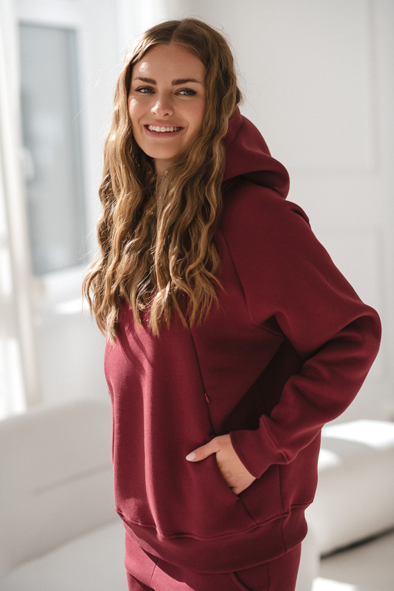 Motherhood Milk&Love – bluza ciążowa oversize z zamkami do karmienia, burgundowa bawełna z meszkiem