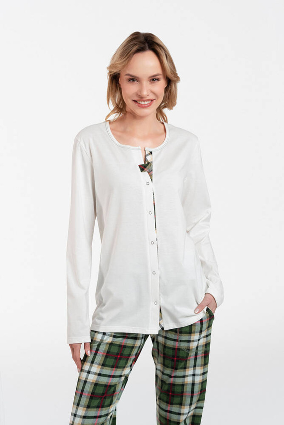 Piżama Damska rozpinana długi rękaw, długie spodnie Asama Italian Fashion ecru/druk