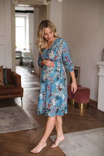 Sukienka ciążowa i do karmienia Lovely Dress Midi rękaw 3/4 Milk&Love błękitna w kwiaty