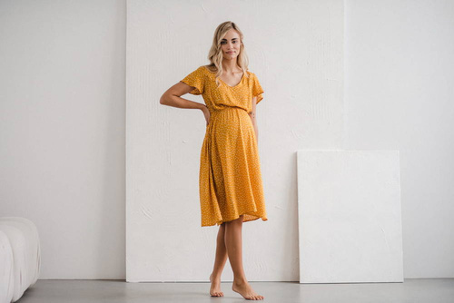 Sukienka ciążowa i do karmienia Lovely Dress Midi Milk&Love musztardowy w groszki