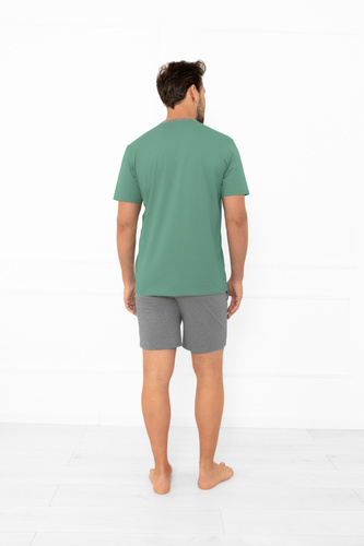 Piżama męska Juliusz Italian Fashion szałwiowa – bawełniana, koszulka i krótkie spodenki