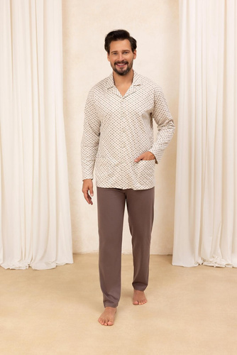 Regina 486 beżowa – męska piżama z bawełny, długi rękaw, guziki, elegancki fason