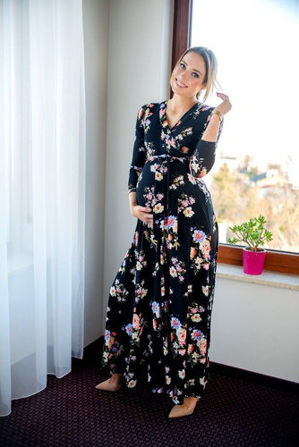 109 Wizytowa Sukienka z długim rękawem MIRACLE- granat w kwiaty 