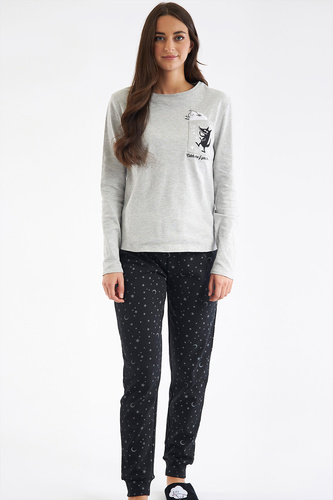 SHEARLY Sorbetto szara  – piżama damska z bawełny, aplikacją 3D i wzorem w gwiazdki