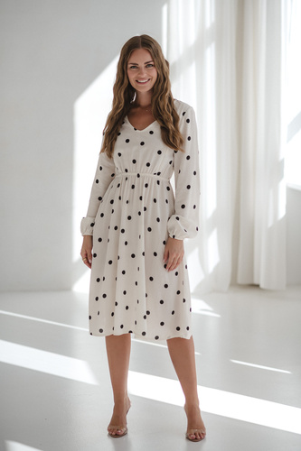 Sukienka ciążowa i do karmienia Lovely Dress Midi Milk&Love kremowa w grochy– naturalna tkanina z lnem, elegancka midi z zamkami do karmienia