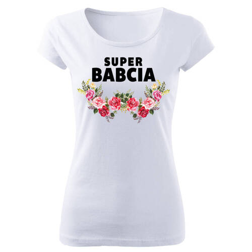 Koszulka damska  "Super Babcia z kwiatami na Dzień Babci" Moocha biały