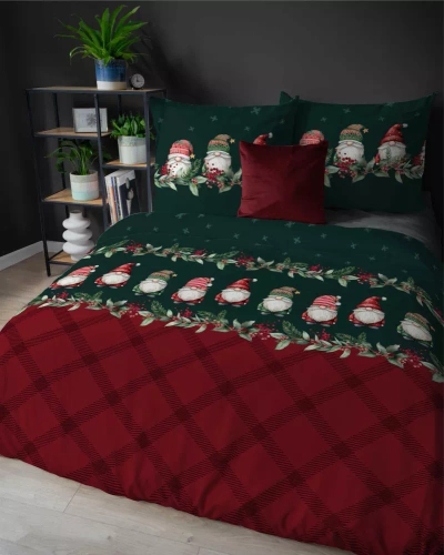 5618 A Magia Świąt Detexpol Pościel świąteczna flanelowa w skrzaty na bordowo-zielonym tle– bawełna 100%, certyfikat OEKO-TEX®