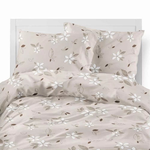 5632 A Detexpol Pastel Flowers beżowa w białe kwiaty i liście– pościel flanelowa bawełniana, miękka i przytulna
