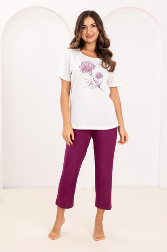 Bawełniana Piżama Damska Regina 734 – Krótki Rękaw, Koszulka z Nadrukiem, Spodnie 7/8, Naturalny Komfort