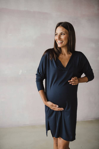 Bambusowa koszula nocna ciążowa i do karmienia długi rękaw Moon Milk&Love granatowy