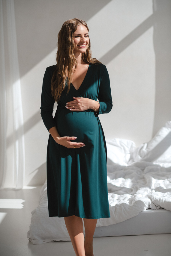 Bambusowa koszula nocna ciążowa i do karmienia Star Light 7/8 Milk&Love butelkowa zieleń– elegancka, oddychająca, idealna do szpitala