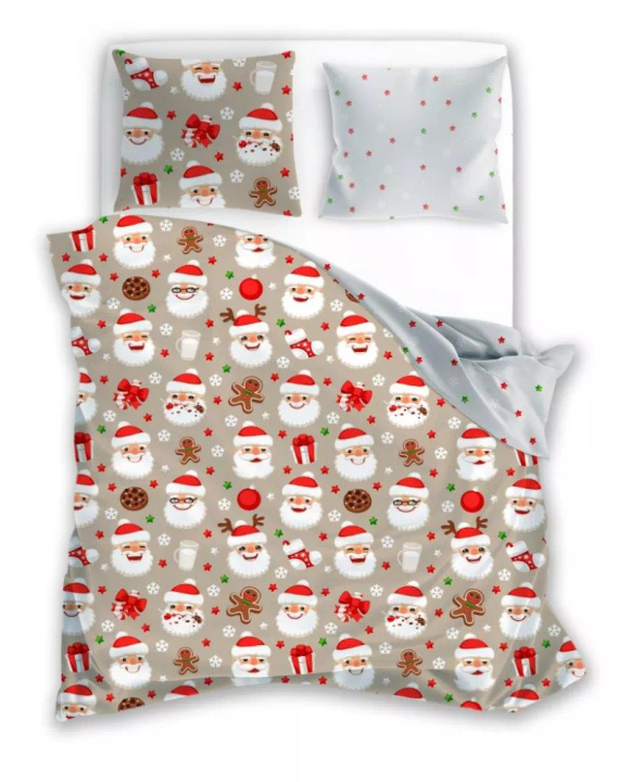 Holly Jolly 001 Faro Pościel świąteczna beżowa biała mikołaje– miękka satynowa mikrofibra, komplet z poszewkami