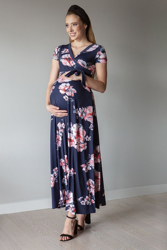 Efektowna Sukienka krótki rękaw 123 MIRACLE- granatowa duże kwiaty