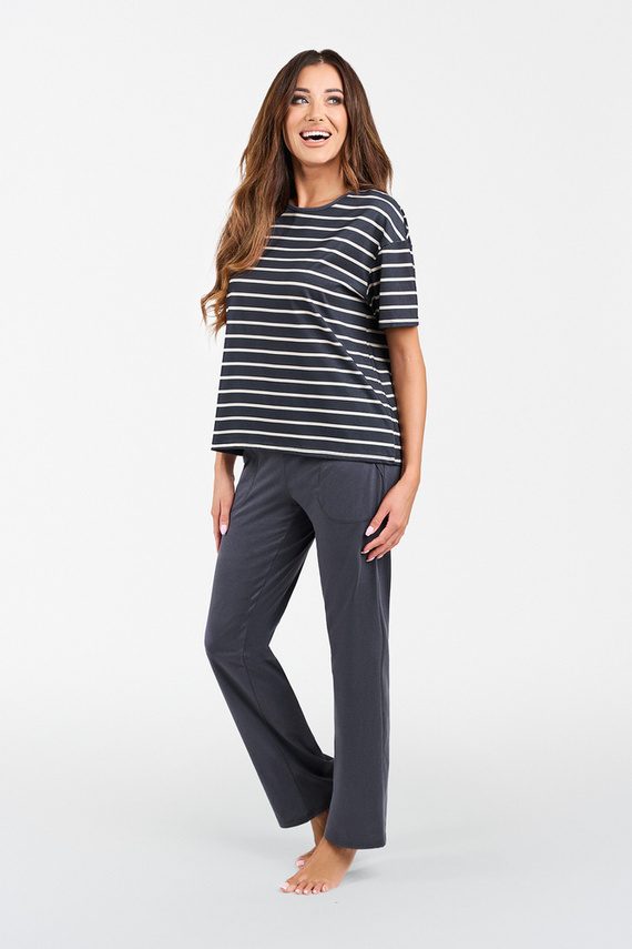 Piżama Damska krótki rękaw, długie spodnie Betty Italian Fashion - druk grafitowy/grafitowy