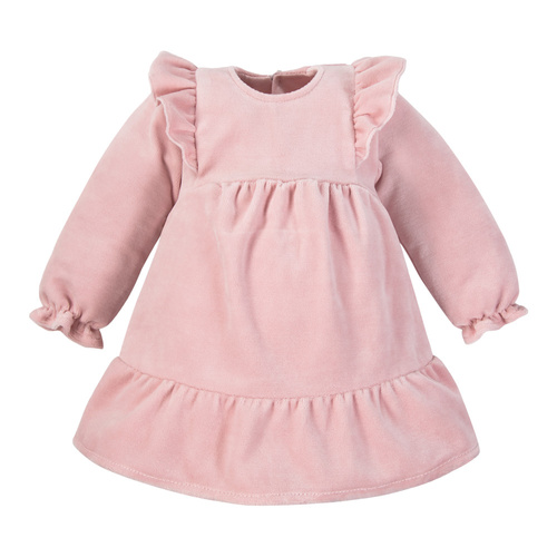 Różowa sukienka welurowa Fluffy Tails Eevi – długi rękaw, falbanki na ramionkach