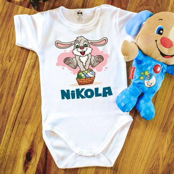 Body krótki rękaw "Wielkanoc zajączek z koszyczkiem z imieniem" Moocha biały 