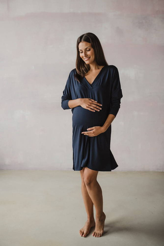 Bambusowa koszula nocna ciążowa i do karmienia długi rękaw Moon Milk&Love granatowy