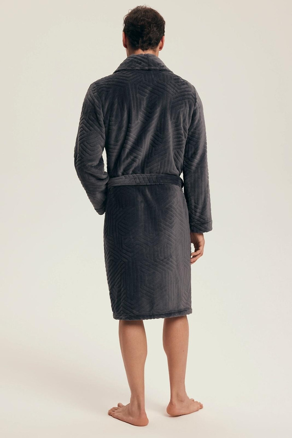 Henderson Nandu 43379 – szlafrok męski z wytłaczanym wzorem, przed kolano, pasek w pasie