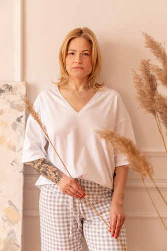 Bawełniana piżama damska 38L Lidia Marija – biała góra, spodnie w kratkę