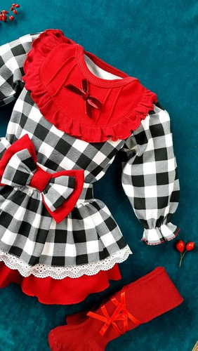 Body falbanka z długim rękawem 182KK Santa Marija - kratka z bordowym dekoltem