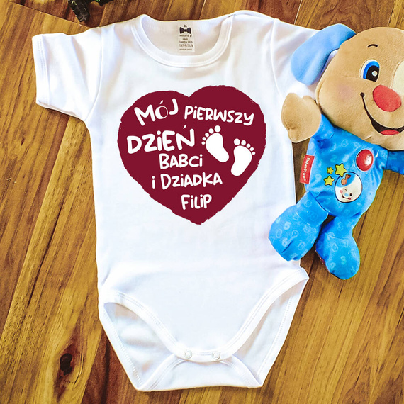 Body krótki rękaw "Mój pierwszy dzień Babci i Dziadka + imię" Moocha biały