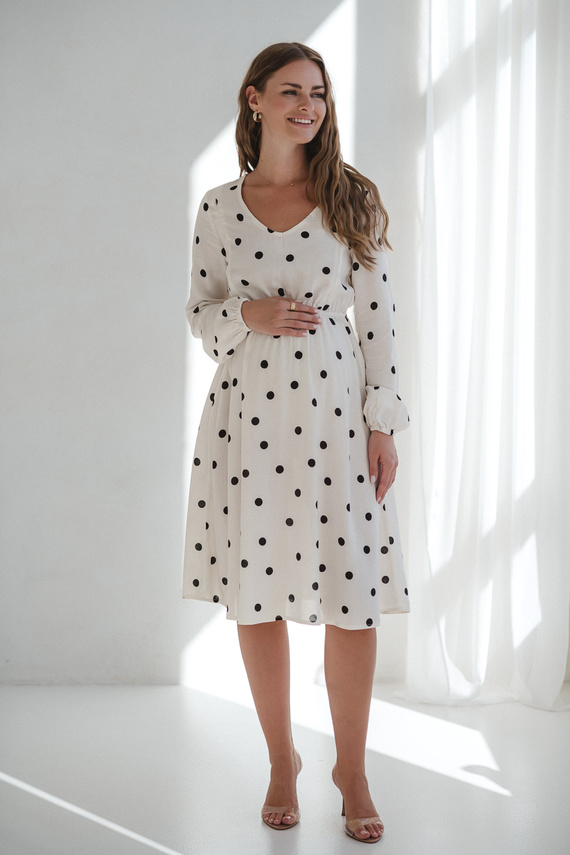 Sukienka ciążowa i do karmienia Lovely Dress Midi Milk&Love kremowa w grochy– naturalna tkanina z lnem, elegancka midi z zamkami do karmienia