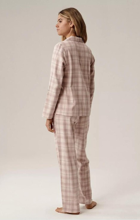 Piżama damska Atlantic NLP-505 lawenda – flanela, rozpinana, w kratkę, długi rękaw, 100% bawełna
