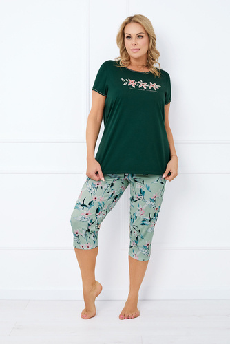 Piżama Damska krótki rękaw, 3/4 spodnie Florisa Italian Fashion - ciemny zielony/druk