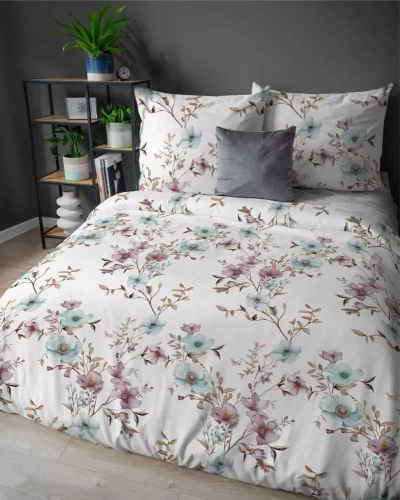 5635 B Detexpol Pastel Flowers biała w kwiaty pudrowe i błękitne pościel flanelowa bawełniana, miękka i przytulna