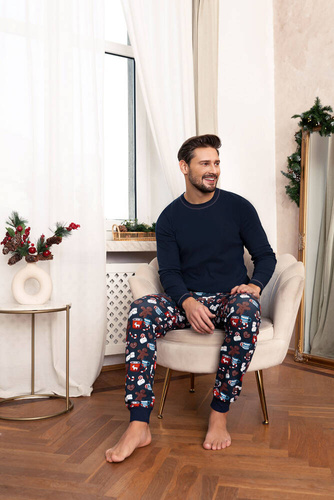 Piżama Męska długi rękaw, długie spodnie Rojas talian Fashion - granat/druk
