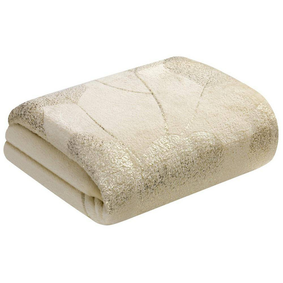 Koc narzuta z mikrofibry z błyszczącym nadrukiem liści Ginko 2 Eurofirany miodowy